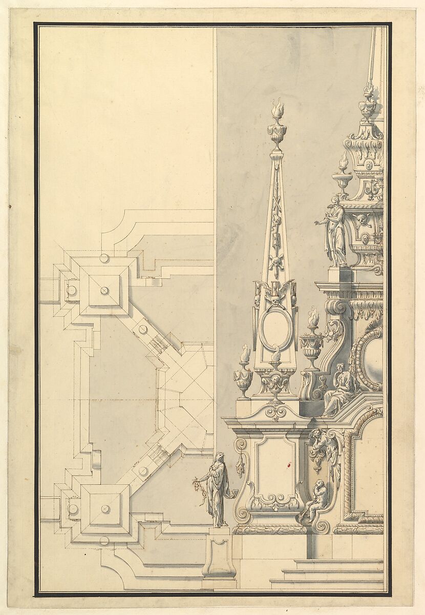 Half Ground Plan and Half Elevation for a Catafalque for a Prince of Hanover, probably Ernst August (1674-1728), Workshop of Giuseppe Galli Bibiena (Italian, Parma 1696–1756 Berlin) 