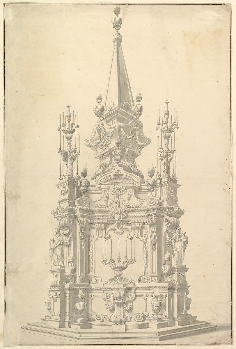 Elevation for a Catafalque Surmounted by an Obelisk., Workshop of Giuseppe Galli Bibiena (Italian, Parma 1696–1756 Berlin), Pen, gray ink and wash 
