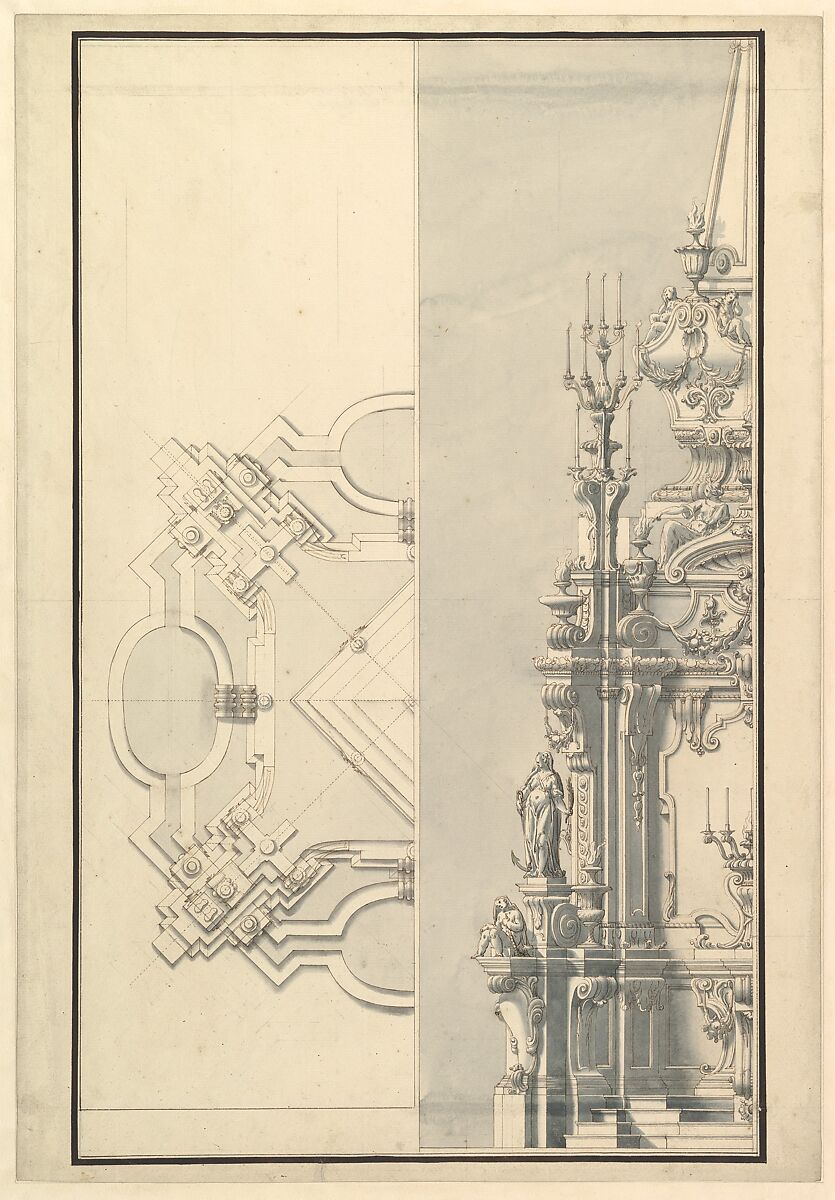 Half Ground Plan and Half Elevation for a Catafalque for a Queen of Sardinia, Workshop of Giuseppe Galli Bibiena (Italian, Parma 1696–1756 Berlin), Pen, brown ink and gray wash 