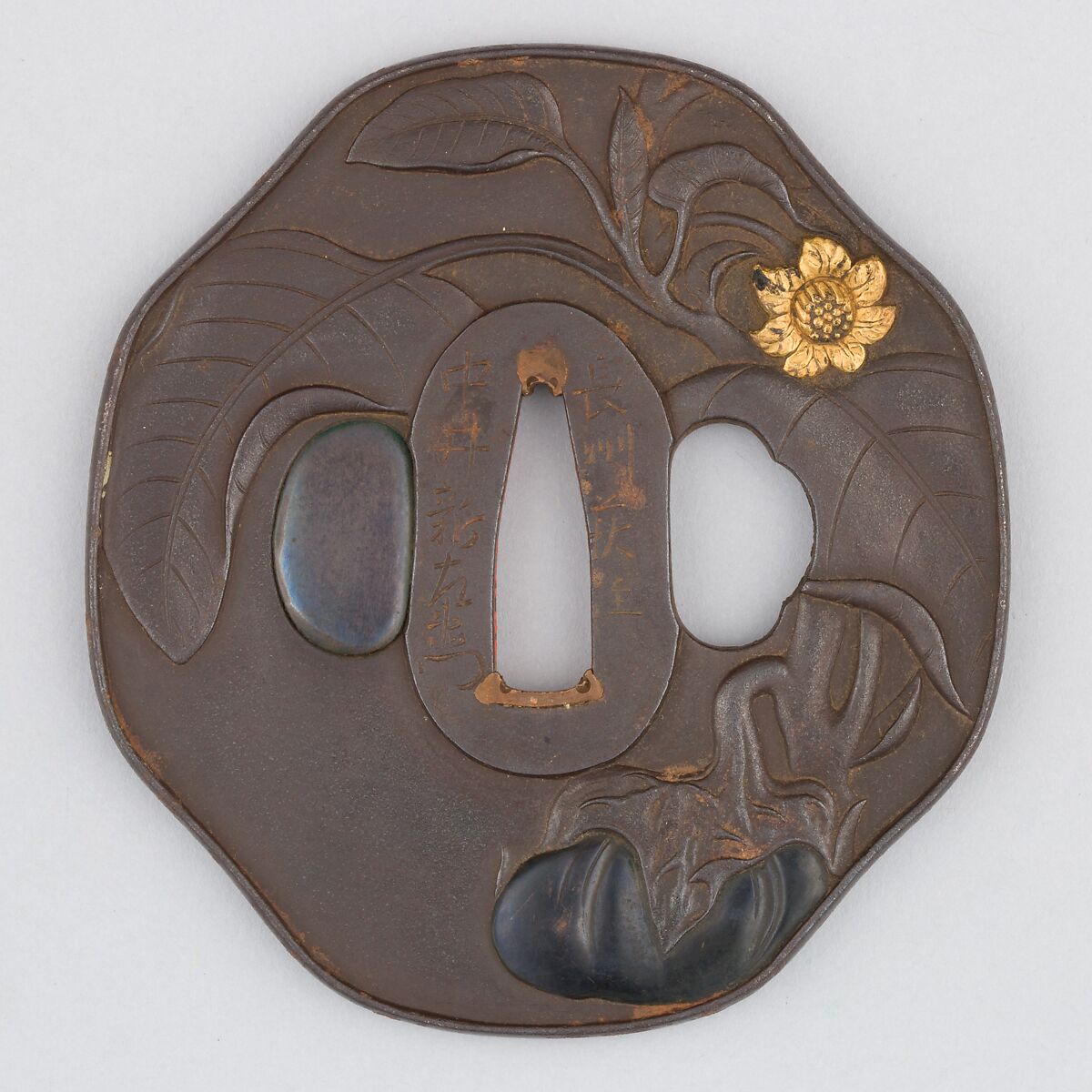 Sword Guard (Tsuba), Iron, copper-gold alloy (shakudō), gold, copper, Japanese 