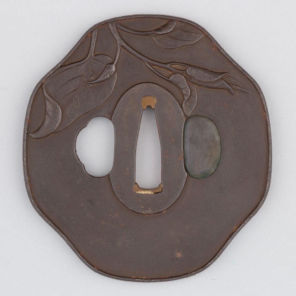 Sword Guard (Tsuba), Iron, copper-gold alloy (shakudō), gold, copper, Japanese