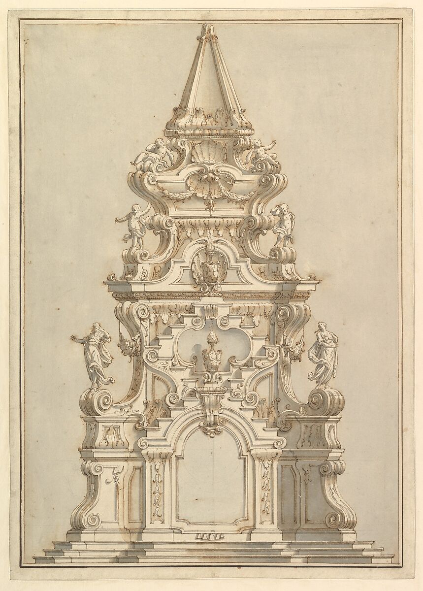 Elevation for a Catafalque Surmounted by Squat Obelisk, Decorated with Statues of Putti and Female Figures, Workshop of Giuseppe Galli Bibiena (Italian, Parma 1696–1756 Berlin), Pen, brown ink and gray wash 