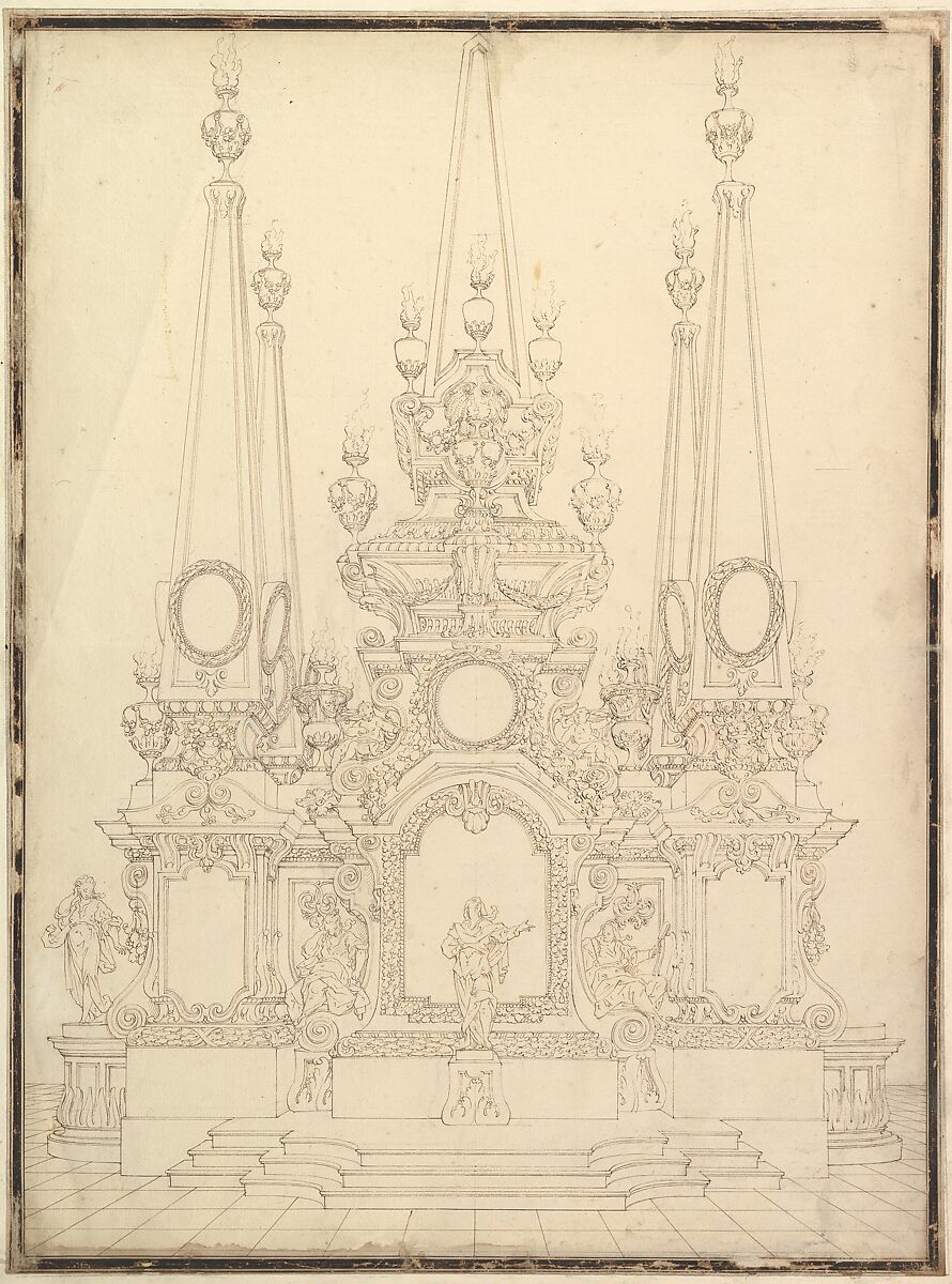 Elevation of a Catafalque: Four Large Obelisks at the Corners with Large one Surmounting the Top, Workshop of Giuseppe Galli Bibiena (Italian, Parma 1696–1756 Berlin), Pen and brown ink 