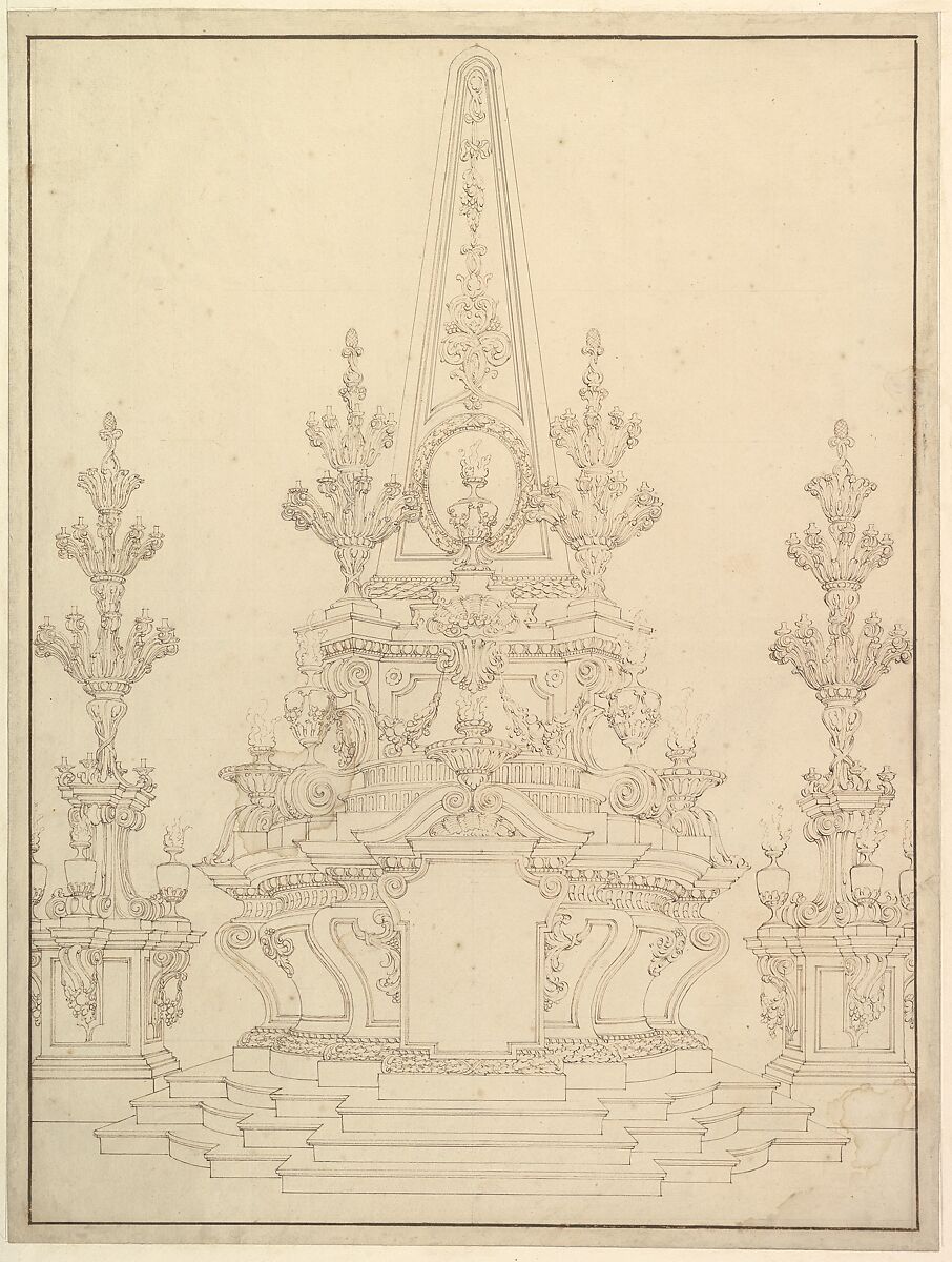 Elevation of a Catafalque: Two Pedestals with Candelabra at Sides; with Central Obelisk Surrounded by Candelabra.
Verso: Sketch of architecture: archway and corner with pillars., Workshop of Giuseppe Galli Bibiena (Italian, Parma 1696–1756 Berlin), Recto: Pen and brown ink; verso: black chalk 