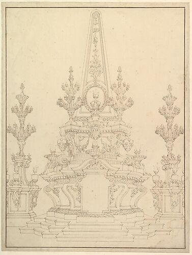 Elevation of a Catafalque: Two Pedestals with Candelabra at Sides; with Central Obelisk Surrounded by Candelabra.
Verso: Sketch of architecture: archway and corner with pillars.