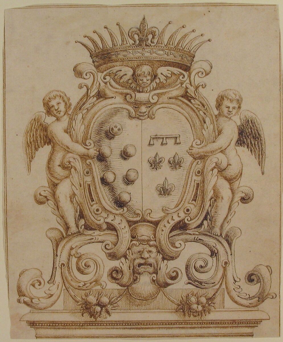 Heraldic Design for Henry IV and Marie de Medici (?), Anonymous, French, 17th century, Pen and brown ink; double framing lines in pen and brown ink