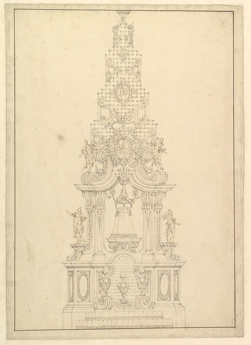 Elevation of a Catafalque: the Central Part Comprised of a Series of Steps to Top; with Statues and Central Cartouche with a Figural Scene: a Figure Kneeling before Virgin and Child (?), Workshop of Giuseppe Galli Bibiena (Italian, Parma 1696–1756 Berlin), Pen and brown ink 