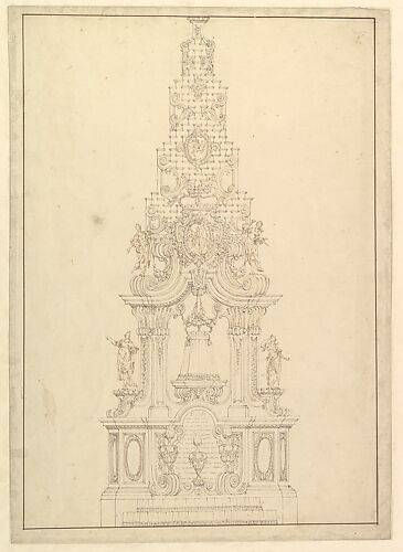 Elevation of a Catafalque: the Central Part Comprised of a Series of Steps to Top; with Statues and Central Cartouche with a Figural Scene: a Figure Kneeling before Virgin and Child (?)
