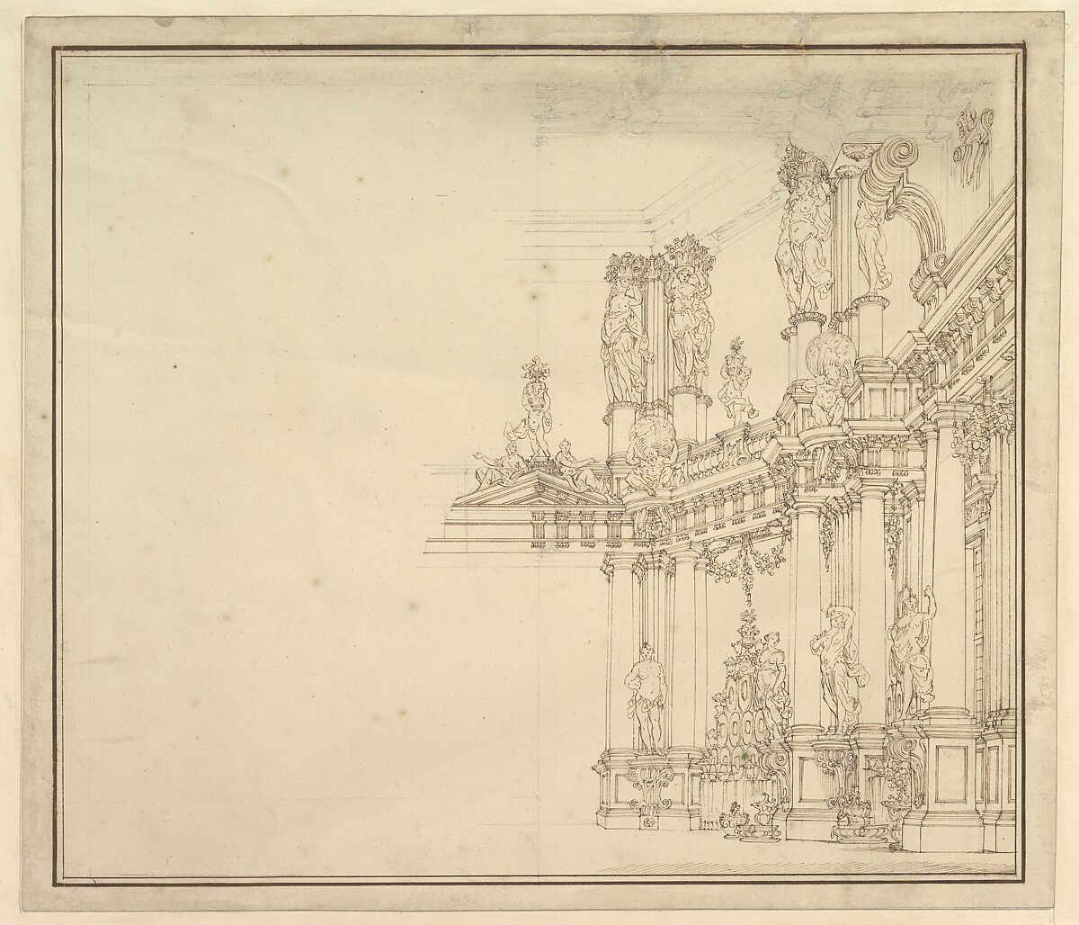 Design for a Stage Set: Palace Hall with Columns and Statues., Workshop of Giuseppe Galli Bibiena (Italian, Parma 1696–1756 Berlin), Pen, brown ink over black chalk 