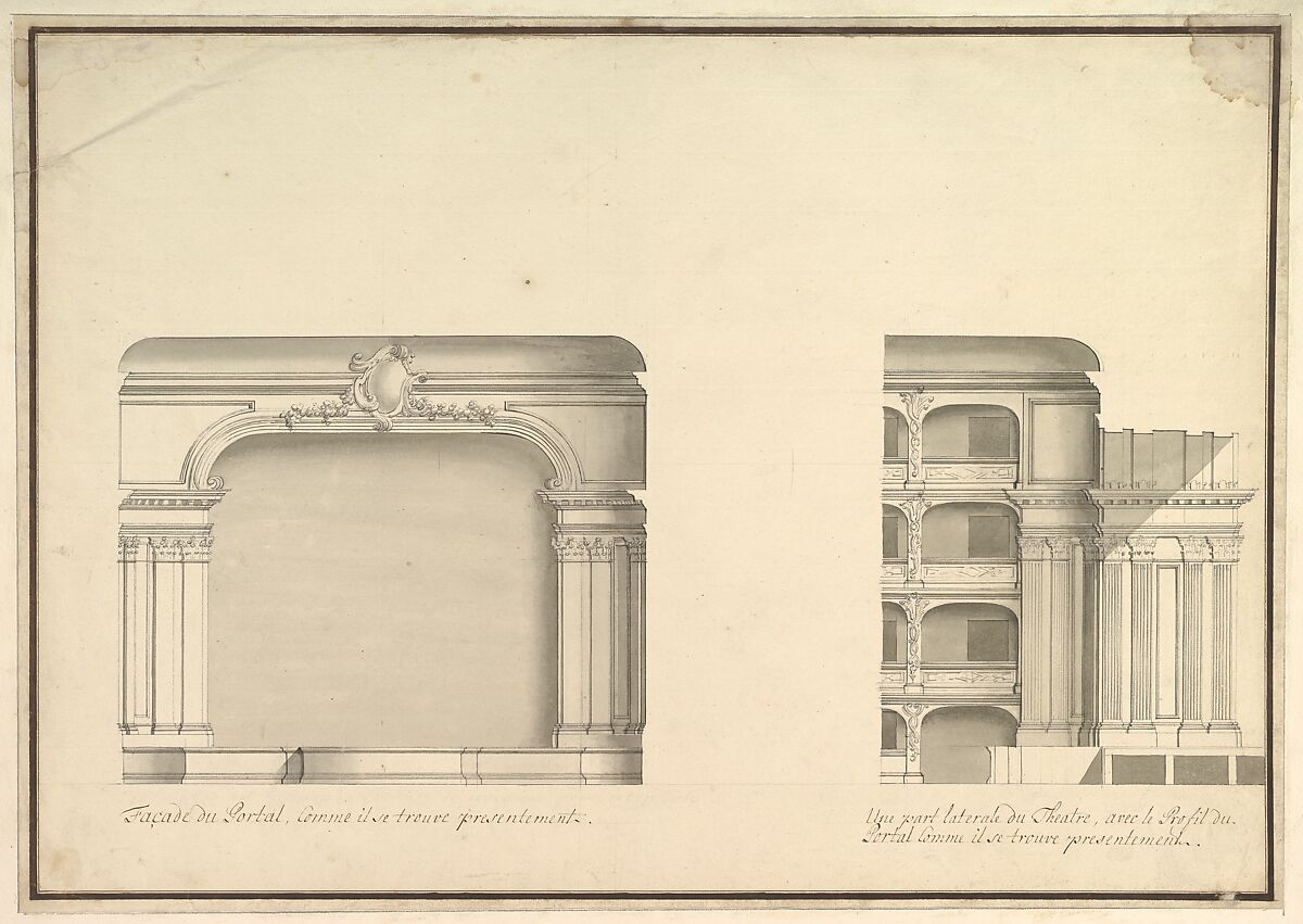 Elevation of Proscenium and Lateral View, Workshop of Giuseppe Galli Bibiena (Italian, Parma 1696–1756 Berlin), Pen, gray ink and wash over pencil 