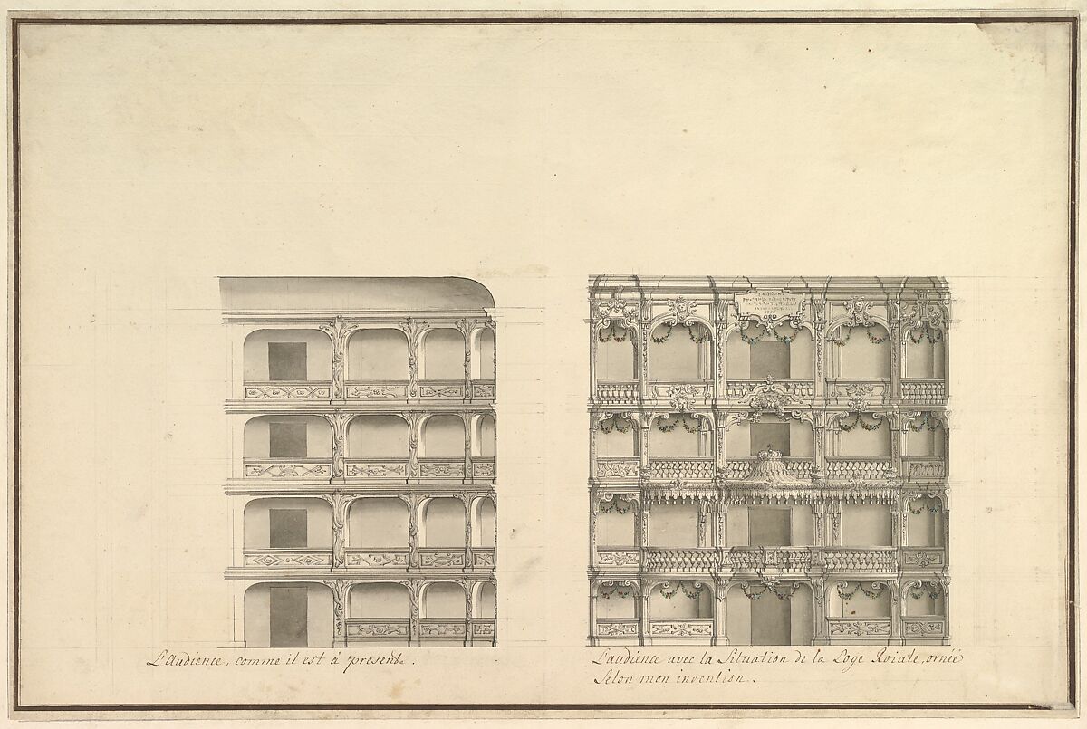 Elevation of Boxes and Royal Box as Presently Constituted and According to New Design, Workshop of Giuseppe Galli Bibiena (Italian, Parma 1696–1756 Berlin), Pen, gray ink and wash over pencil with color for garlands above royal box 