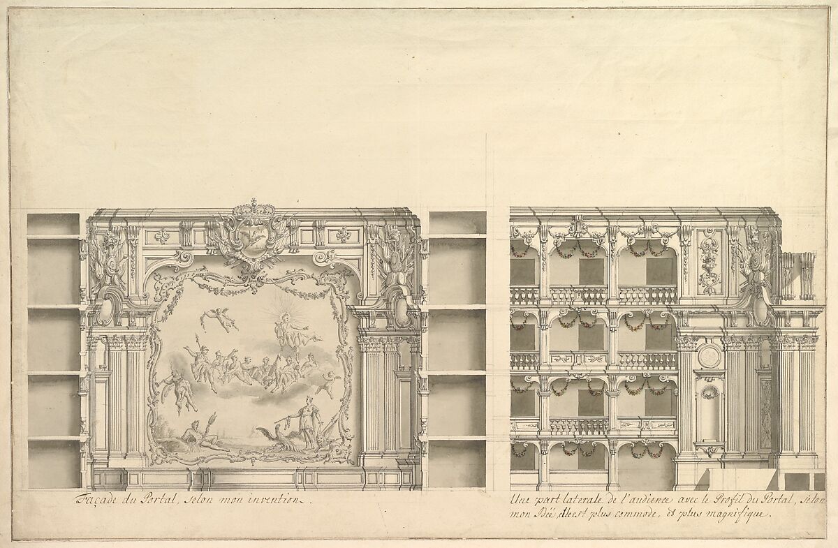 Elevation of Proscenium According to New Design and Lateral View of Boxes, Workshop of Giuseppe Galli Bibiena (Italian, Parma 1696–1756 Berlin), Pen, gray ink and wash with colorful garlands on boxes 
