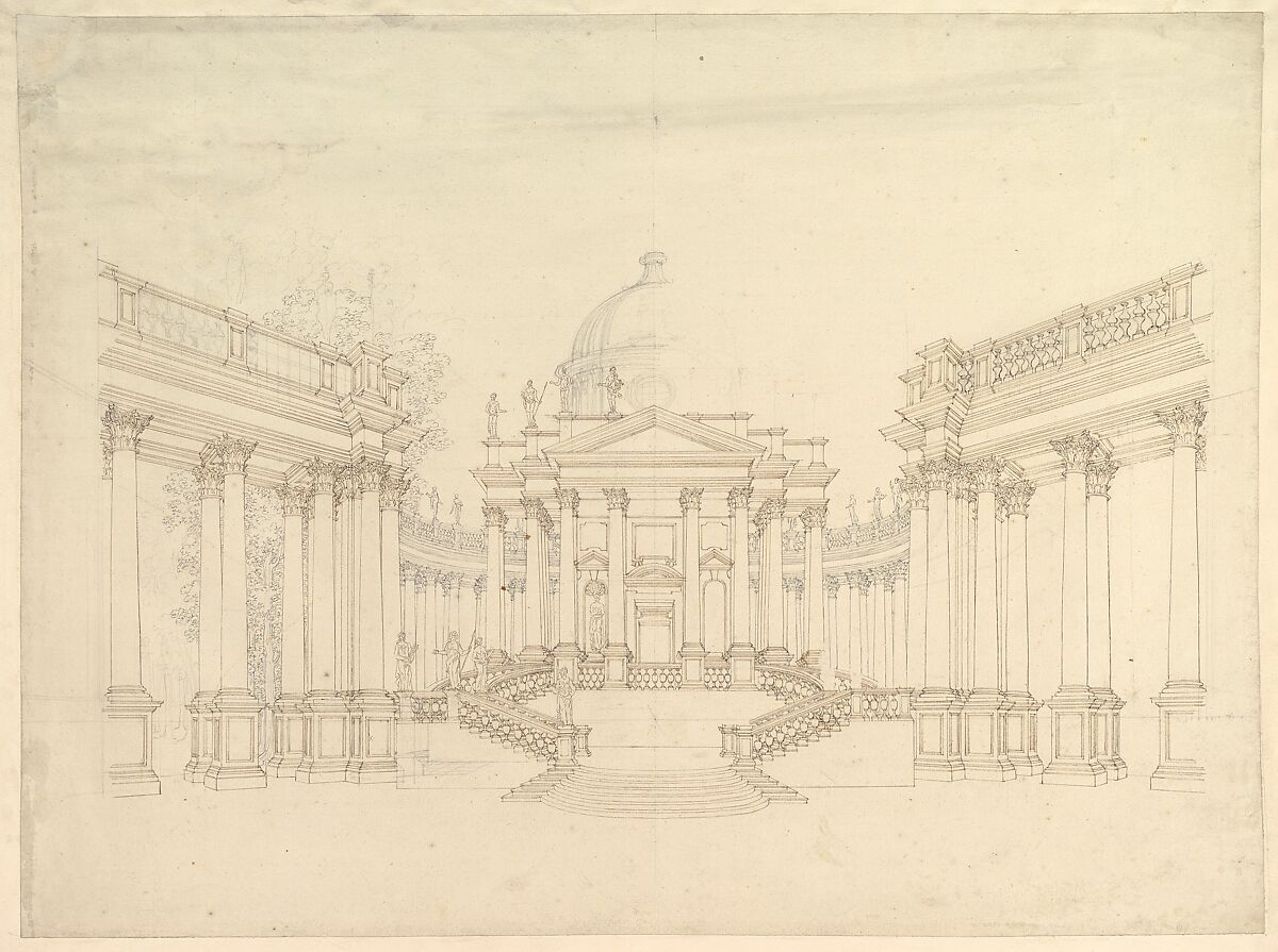 Design for Stage Set: Centralized Villa with Cupola ("Villa rotunda" Style) and Colonnaded Wings., Workshop of Giuseppe Galli Bibiena (Italian, Parma 1696–1756 Berlin), Pen, brown and gray ink over black chalk 
