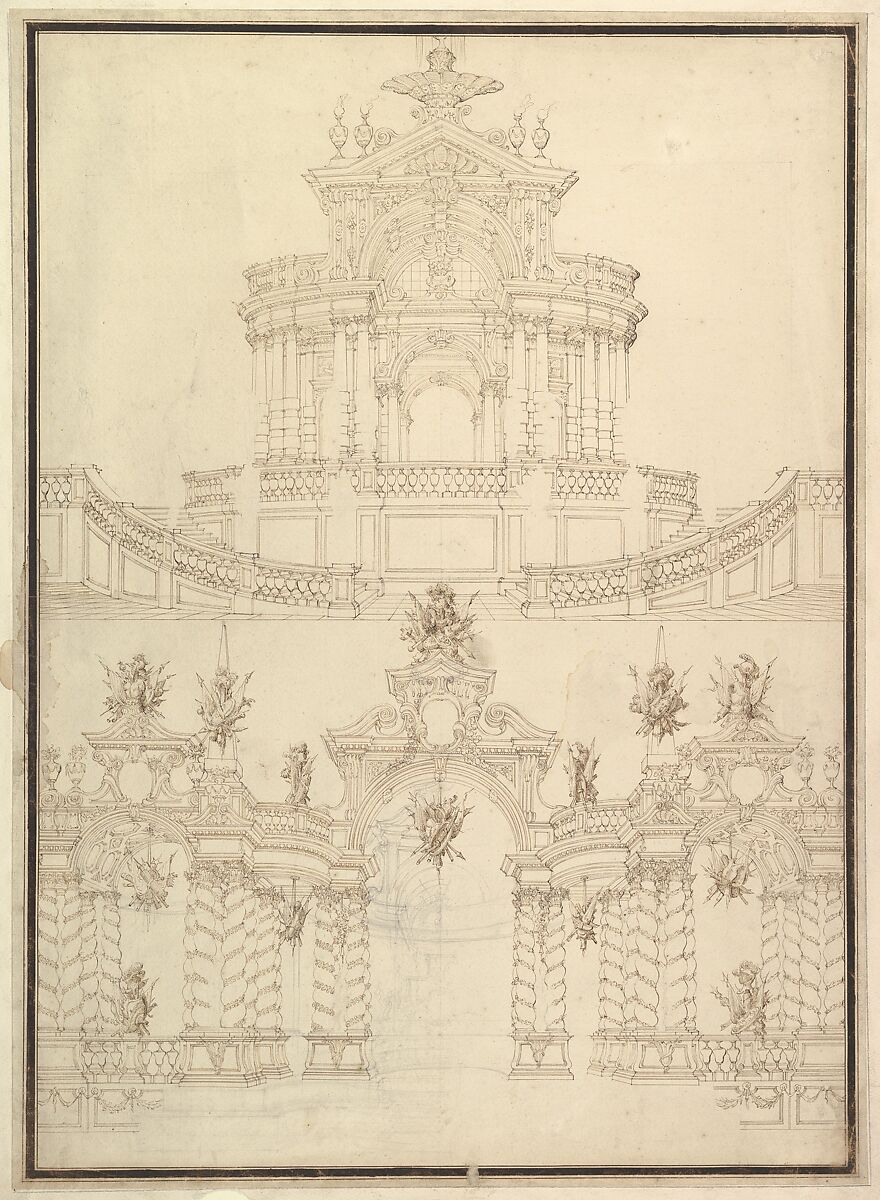 Designs for Componets of Stage Sets: at Bottom: Spiral and Wreathed-Colonnaded Pavillion with Central Arch Surmounted by Military Trophy and Another Hanging Inside Arch; at Top: Centralized Pavillion Decorated by Pediment Surmounted by Fountain., Workshop of Giuseppe Galli Bibiena (Italian, Parma 1696–1756 Berlin), Pen, brown ink with black chalk 