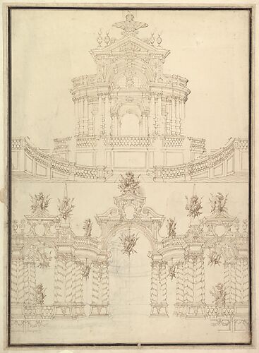 Designs for Componets of Stage Sets: at Bottom: Spiral and Wreathed-Colonnaded Pavillion with Central Arch Surmounted by Military Trophy and Another Hanging Inside Arch; at Top: Centralized Pavillion Decorated by Pediment Surmounted by Fountain.