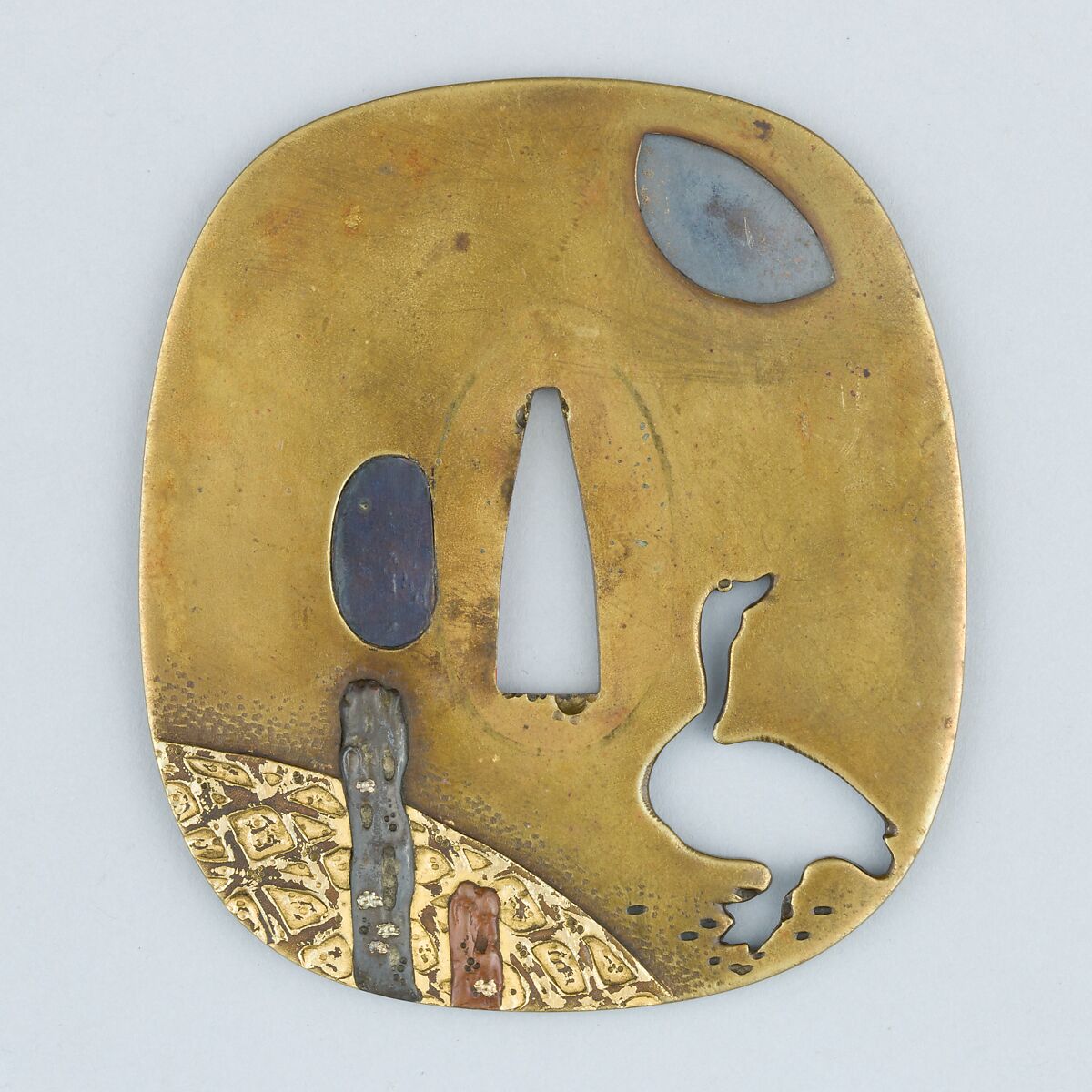 Sword Guard (Tsuba), Copper alloy (sentoku), gold, copper-silver alloy (shibuichi), copper, silver, Japanese 