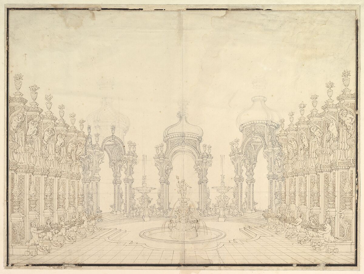 Designs for Stage Set: Three Pavillions in Background with "Oriental" (Ogival) Cupolas with Two Small Fountains between Them. in Foreground, a large Fountain with Dolphins Surmounted by Neptune., Workshop of Giuseppe Galli Bibiena (Italian, Parma 1696–1756 Berlin), Pen, brown and gray ink over black chalk 