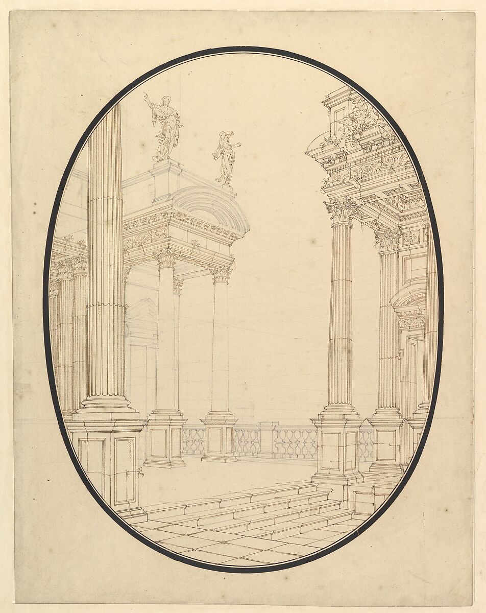 Architectural Perspective, in an Oval: Porch of a Palace with Corinthian Colums., Workshop of Ferdinando Galli Bibiena (Italian, Bologna 1657–1743 Bologna), Pen, brown ink over black chalk 