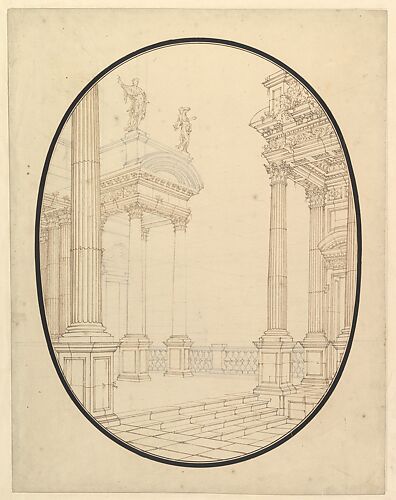 Architectural Perspective, in an Oval: Porch of a Palace with Corinthian Colums.