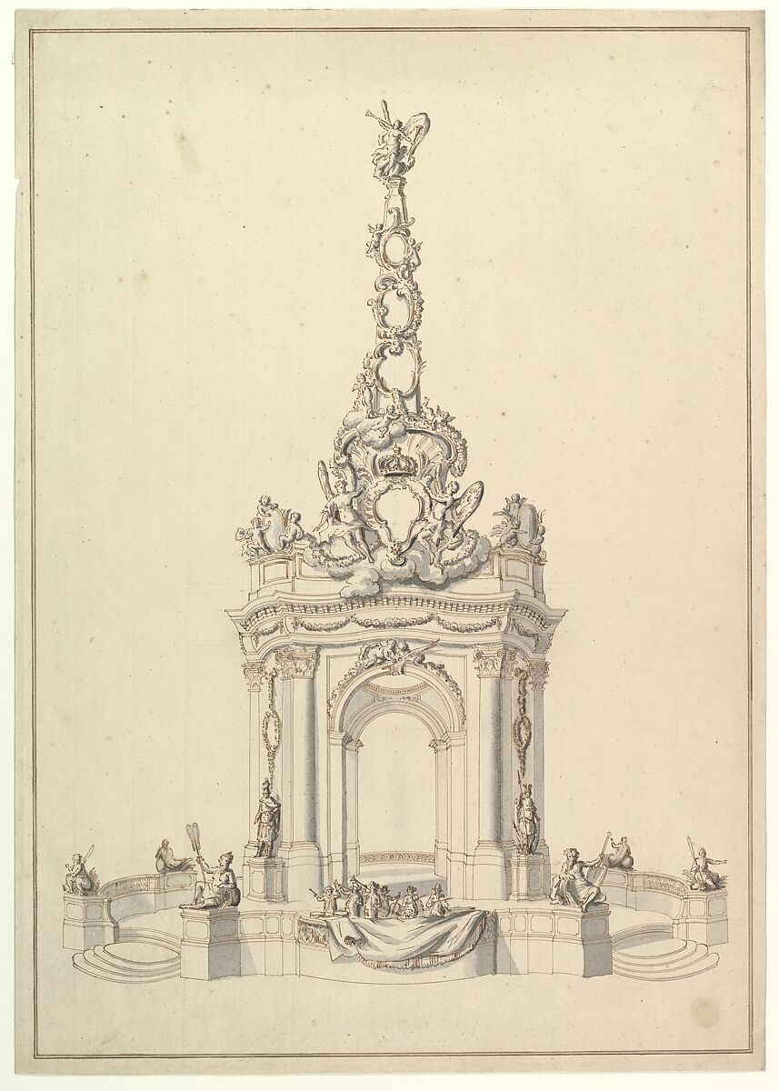 Design for a Festival Monument: Base Holds a Small Orchestra; Triumphal Arch Surmounted by a Cartouche-Decorated Pyramid with Figure of Fame, below, a Royal Crown., Giovanni Larciani ("Master of the Kress Landscapes") (Italian, 1484–1527), Pen, brown ink with gray wash 