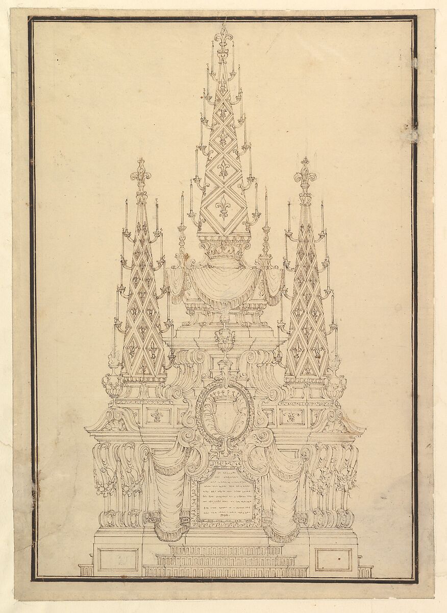 Elevation of a Catafalque, Three Obelisks with Fluer-de-lys and Candles, Dated on Plaque at Bottom 1733., Workshop of Giuseppe Galli Bibiena (Italian, Parma 1696–1756 Berlin), Pen and brown ink 