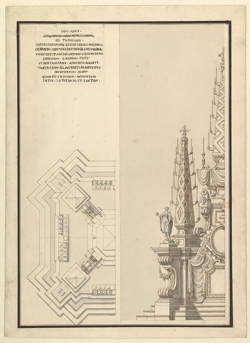 Design for Half Elevation and Half Ground Plan of a Catafalque for Countess Palatine of the Rhine, Theresia Catharine, wife of Count Palatine, Charles Philip III (1716-1742)., Workshop of Giuseppe Galli Bibiena (Italian, Parma 1696–1756 Berlin), Pen, brown ink with brown and gray washes 
