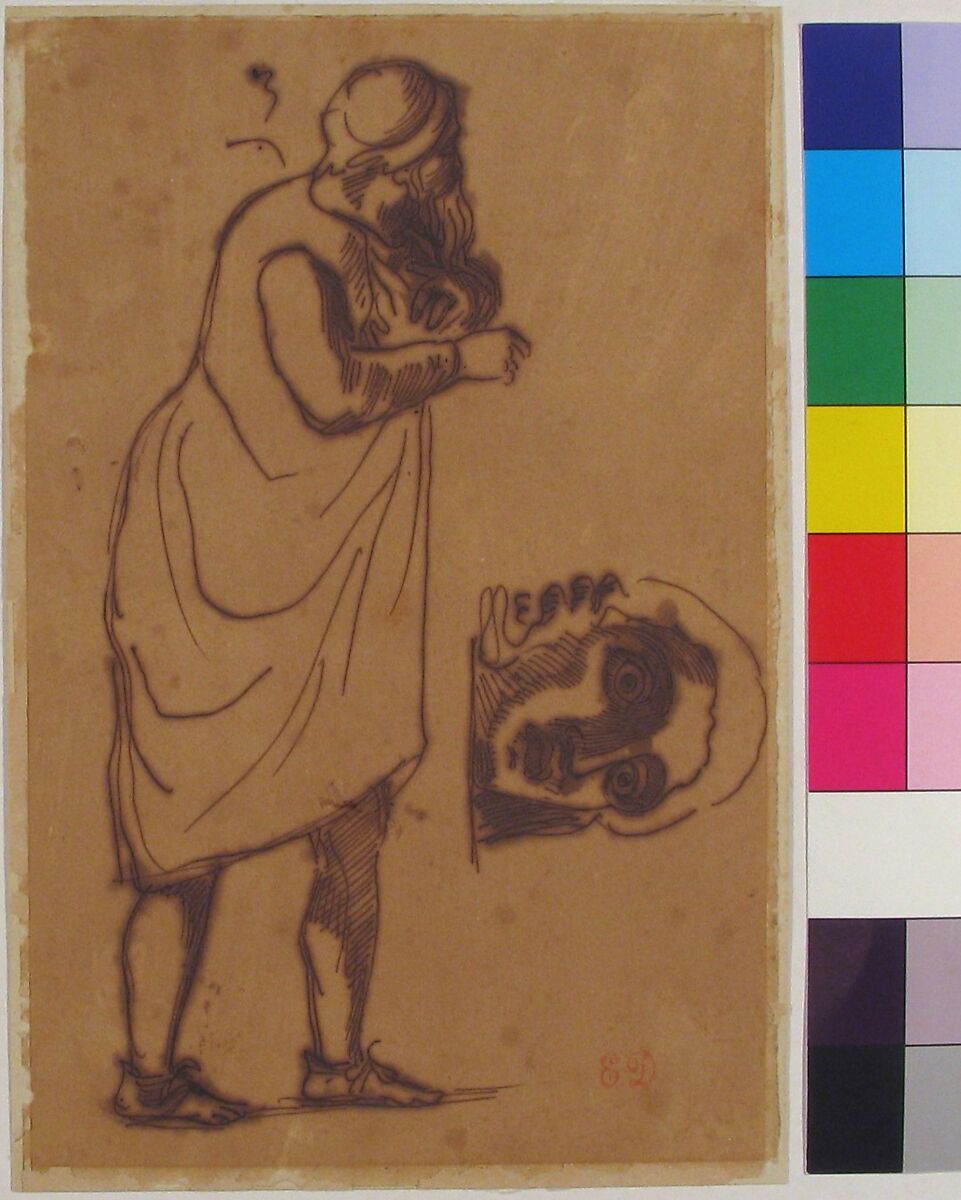 A Bearded Man, Standing, and a Classical Head, Eugène Delacroix (French, Charenton-Saint-Maurice 1798–1863 Paris), Pen and brown ink on tracing paper (mounted on heavy wove paper)