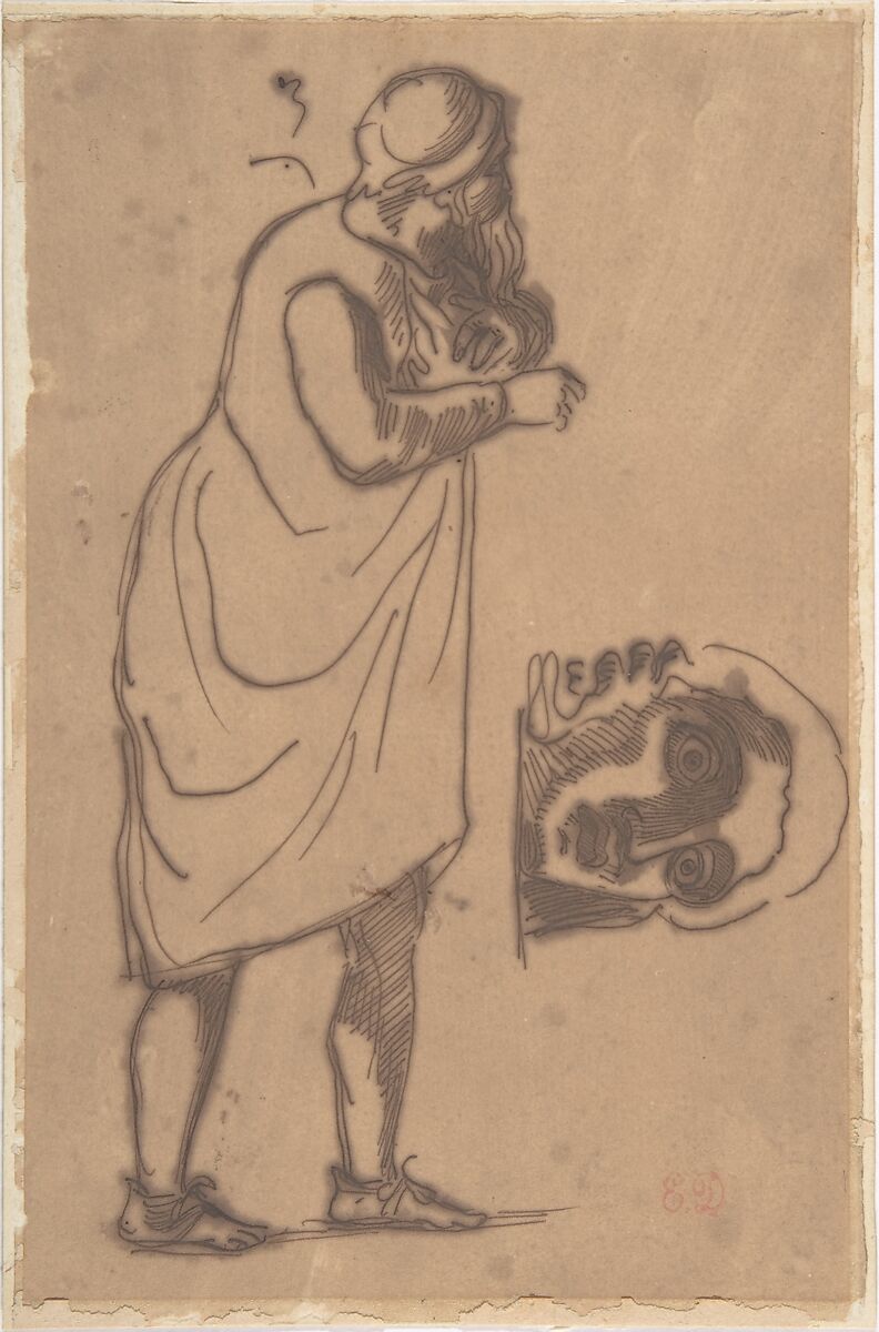 A Bearded Man, Standing, and a Classical Head, Eugène Delacroix (French, Charenton-Saint-Maurice 1798–1863 Paris), Pen and brown ink on tracing paper (mounted on heavy wove paper) 