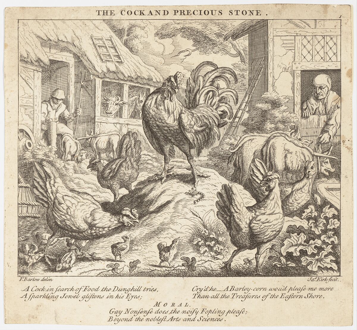 The Cock and the Precious Stone, from Aesop's Fables, After Francis Barlow (British, Lincolnshire ca. 1626–1704 London), Etching 