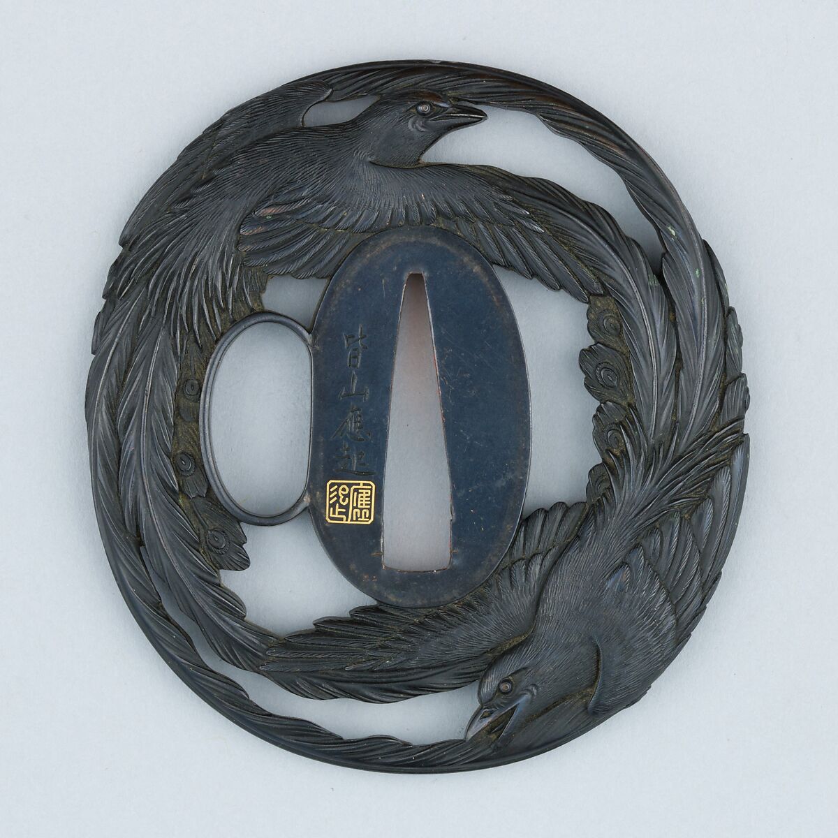 Sword Guard (Tsuba), Inscribed by Minayama Ōki (Japanese, Kyoto, active 18th century), Copper-gold alloy (shakudō), gold, copper, Japanese 