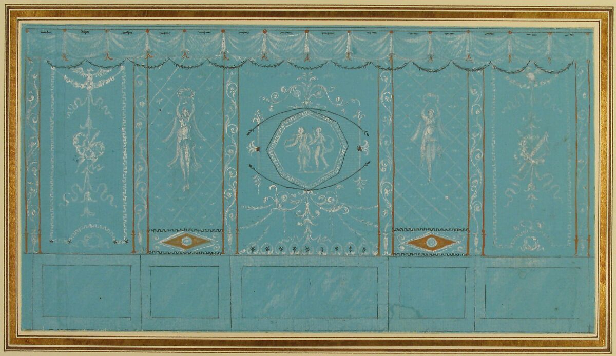 Design for a Decorated Wall with Grottesque over Blue Background, Giuseppe Bernardino Bison (Italian, Palmanova 1762–1844 Milan), Pen and black ink, brush and orange-gold, black wash with white gouache over traces of leadpoint on blue prepared paper