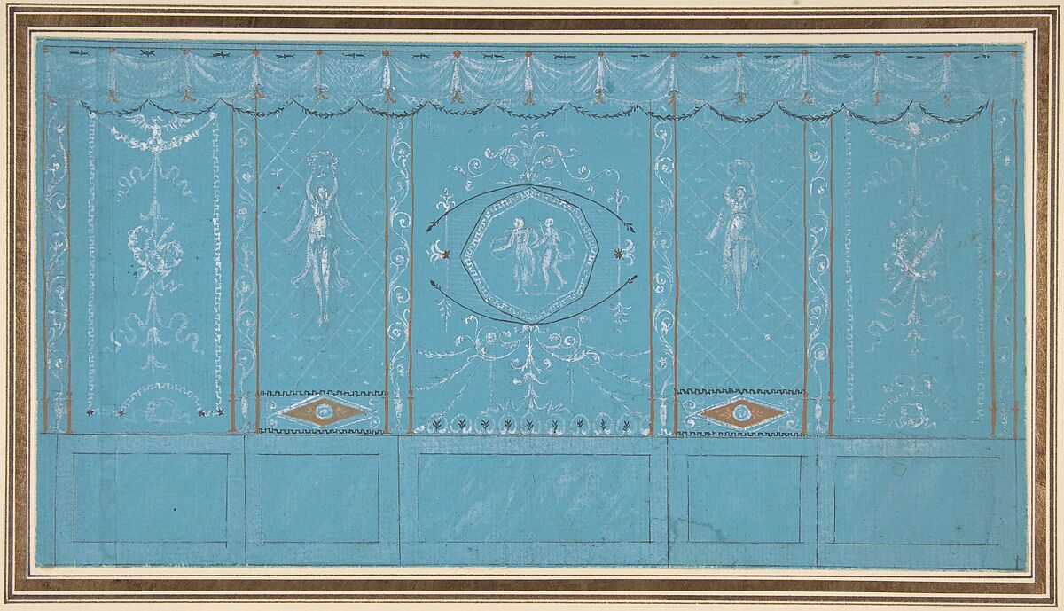 Design for a Decorated Wall with Grottesque over Blue Background, Giuseppe Bernardino Bison (Italian, Palmanova 1762–1844 Milan), Pen and black ink, brush and orange-gold, black wash with white gouache over traces of leadpoint on blue prepared paper 