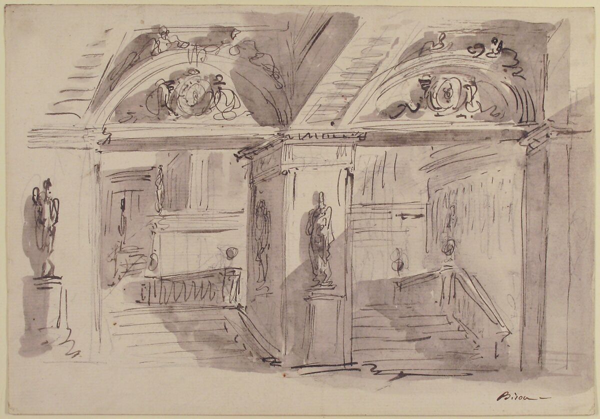 Sketch of a Palace's Interior's Foreshortening with Stairs, Statues and Ornaments, Giuseppe Bernardino Bison (Italian, Palmanova 1762–1844 Milan), Pen and black ink, brush and gray wash over traces of black chalk