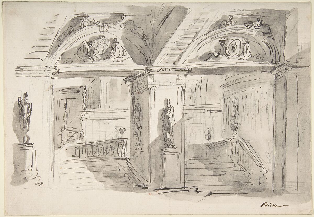 Sketch of a Palace's Interior's Foreshortening with Stairs, Statues and Ornaments, Giuseppe Bernardino Bison (Italian, Palmanova 1762–1844 Milan), Pen and black ink, brush and gray wash over traces of black chalk 
