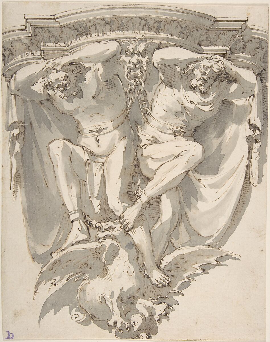 Design for a Decorated Console with Two Slaves on Top of an Eagle, Giuseppe Bernardino Bison (Italian, Palmanova 1762–1844 Milan) (?), Pen and brown ink, brush and gray wash 