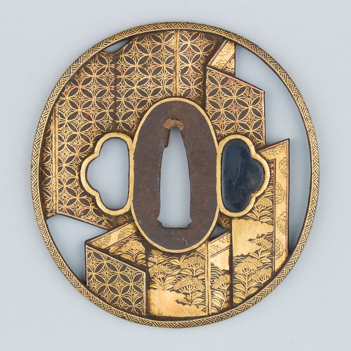 Sword Guard (<i>Tsuba</i>), Inscribed by Bairyūken Kiyotatsu (Japanese, active late 18th century), Iron, gold, copper-gold alloy (<i>shakudō</i>), Japanese