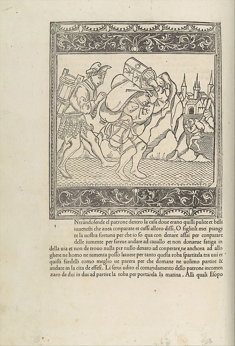 Vita et Fabulae (Aesop), Aesop (Greek, ca. 620–560 BCE), Printed book with metalcut or woodcut illustrations, bound in green, with gilt edges