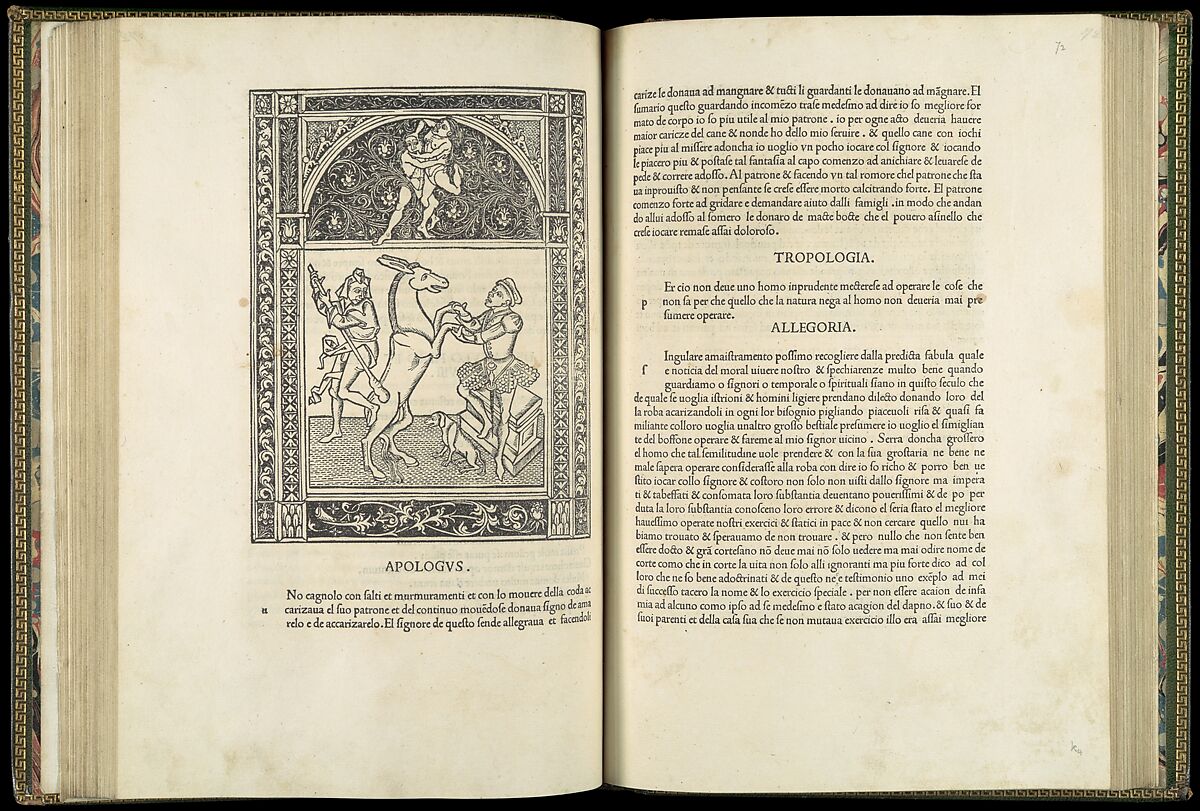 Vita et Fabulae (Aesop), Aesop (Greek, ca. 620–560 BCE), Printed book with metalcut or woodcut illustrations, bound in green, with gilt edges
