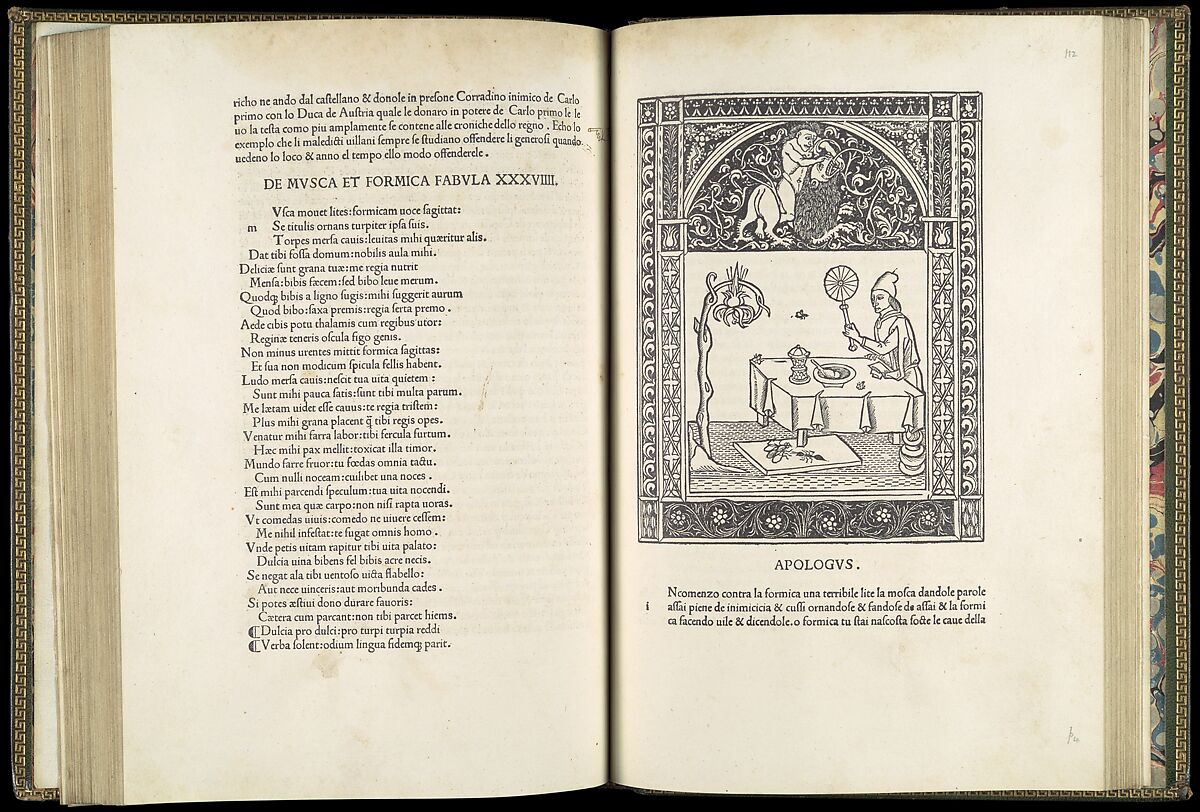 Vita et Fabulae (Aesop), Aesop (Greek, ca. 620–560 BCE), Printed book with metalcut or woodcut illustrations, bound in green, with gilt edges