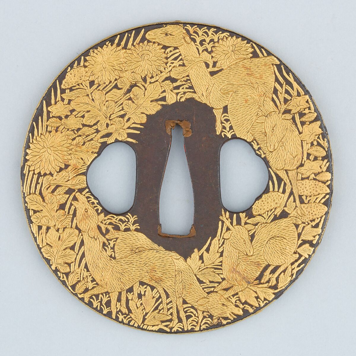 Sword Guard (Tsuba), Iron, gold, copper, Japanese