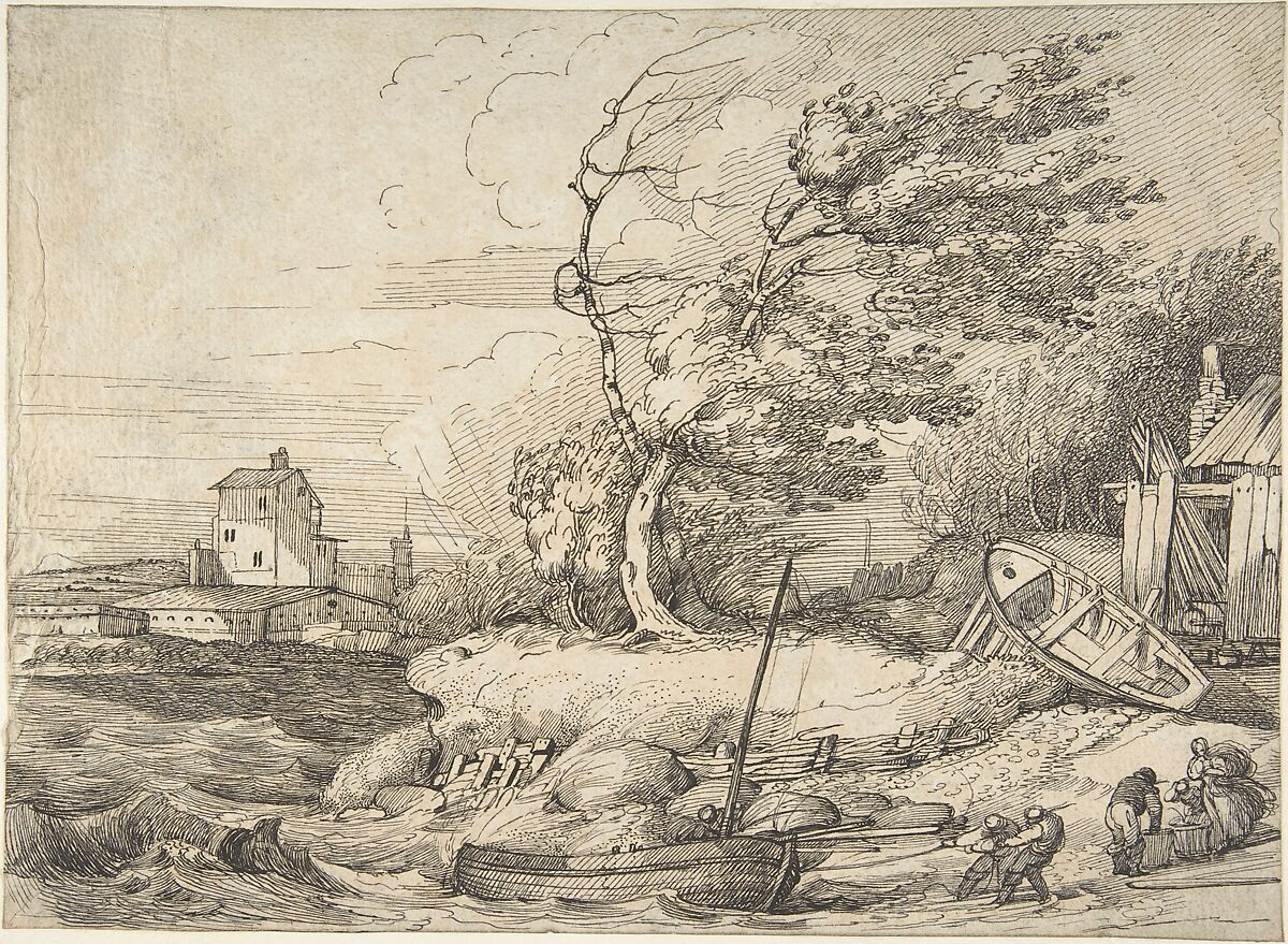 Beaching a Fishing Boat in a Gale, John Hamilton Mortimer (British, Eastbourne 1740–1779 London), Pen and black ink 