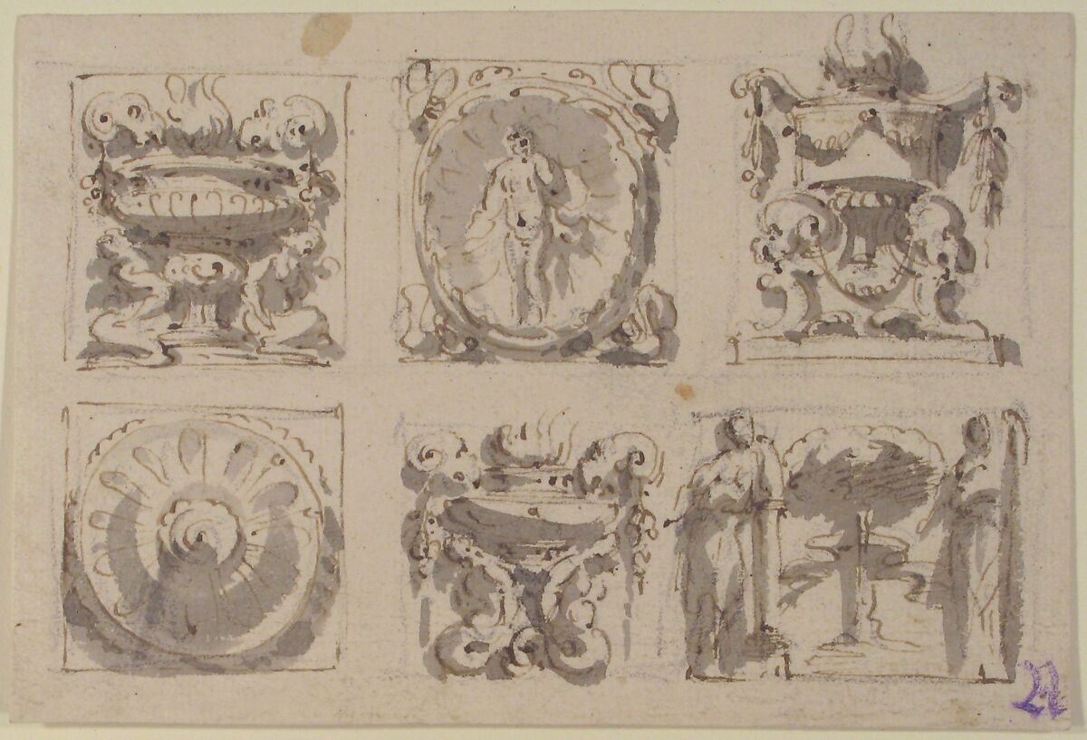 Six Designs for the Decoration of Rectangular and Horizontal reliefs, Giuseppe Bernardino Bison (Italian, Palmanova 1762–1844 Milan) (?), Pen and brown ink, brush and gray wash over black chalk