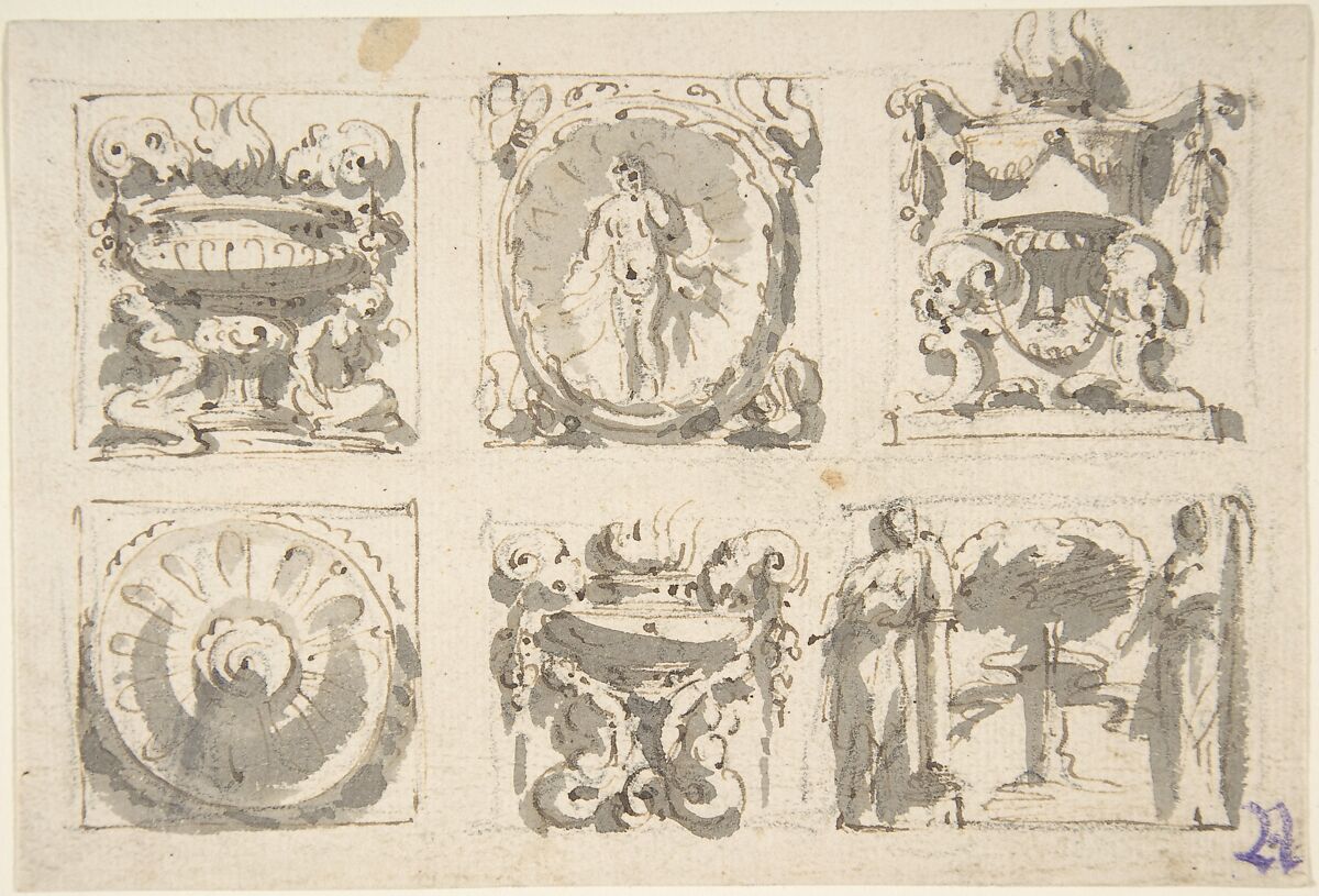 Six Designs for the Decoration of Rectangular and Horizontal reliefs, Giuseppe Bernardino Bison (Italian, Palmanova 1762–1844 Milan) (?), Pen and brown ink, brush and gray wash over traces of black chalk 