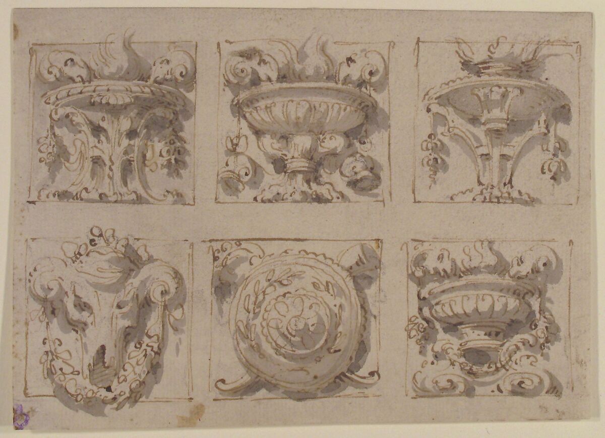 Six Designs for the Decoration of Rectangular Reliefs, Giuseppe Bernardino Bison (Italian, Palmanova 1762–1844 Milan) (?), Pen and brown ink, brush and gray wash over black chalk