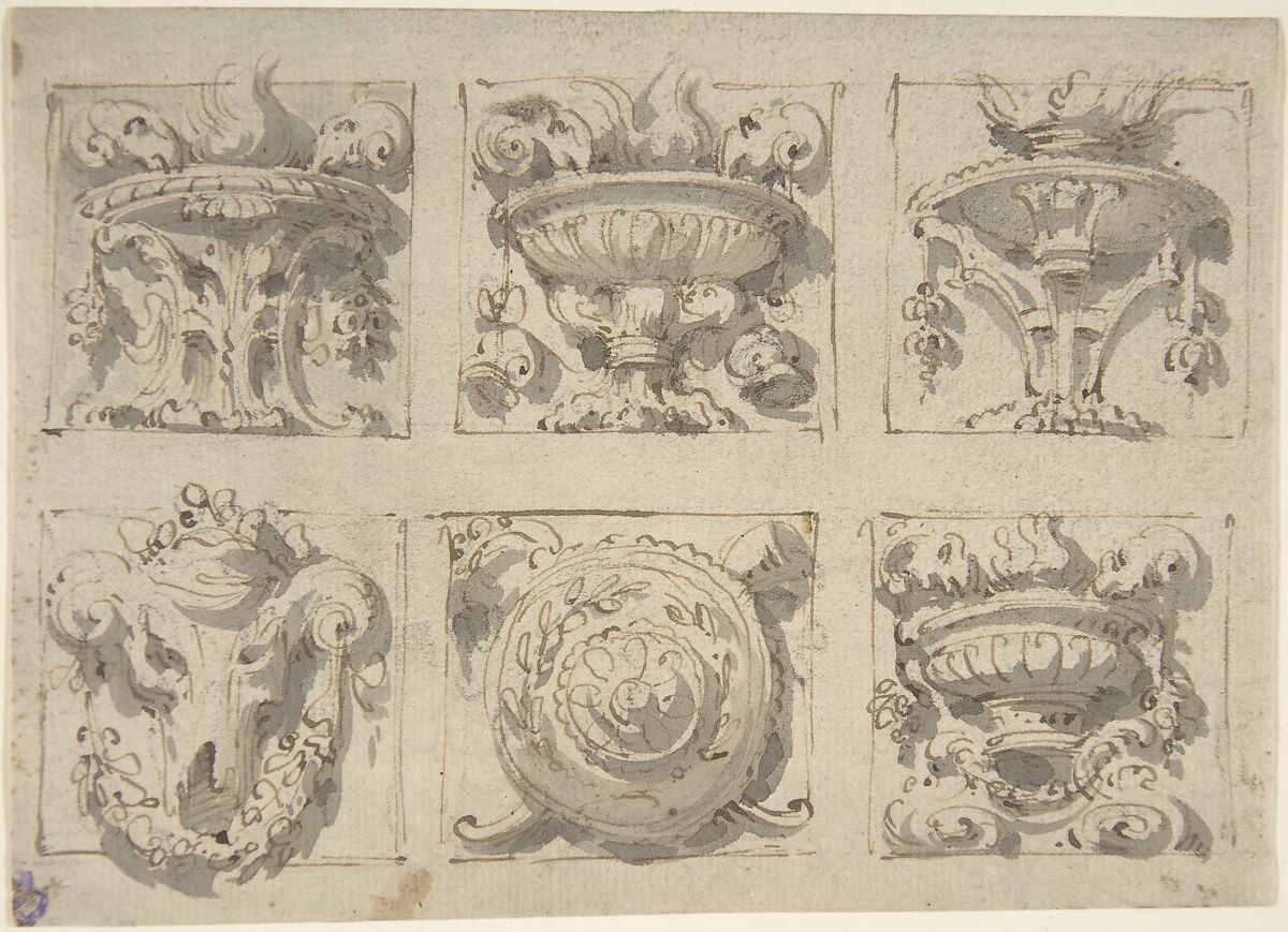 Six Designs for the Decoration of Rectangular Reliefs, Giuseppe Bernardino Bison (Italian, Palmanova 1762–1844 Milan) (?), Pen and brown ink, brush and gray wash over traces of black chalk 