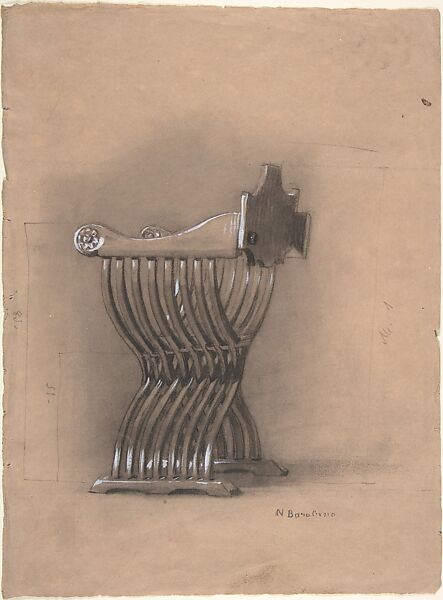 Design for a chair, N. Borolino (?), Charcoal highlighted with white gouache on tan paper 