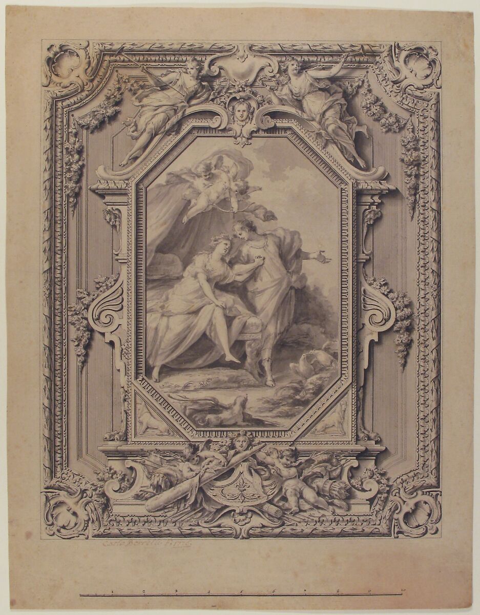 Design for a Sculptured Frame with Garlands and Statues and a Painting of Two Human Figures with Puttis inside the Frame., Carlo Borrelli (Ponticelli) (Italian, active Naples, 1775–86, died ca. 1789), Pen and black ink, brush with gray and black wash over some traces of leadpoint