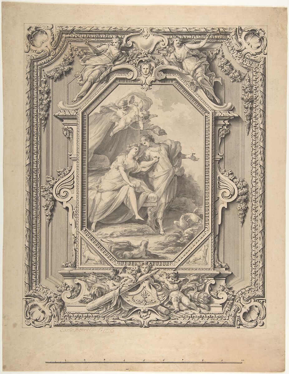 Design for a Sculptured Frame with Garlands and Statues and a Painting of Two Human Figures with Puttis inside the Frame., Carlo Borrelli (Ponticelli) (Italian, active Naples, 1775–86, died ca. 1789), Pen and black ink, brush with gray and black wash over some traces of leadpoint 