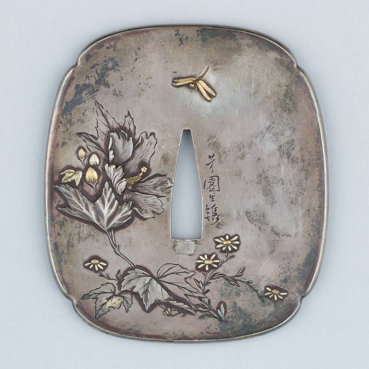 Sword Guard (Tsuba), Copper-gold alloy (shakudō), silver, gold, copper, Japanese