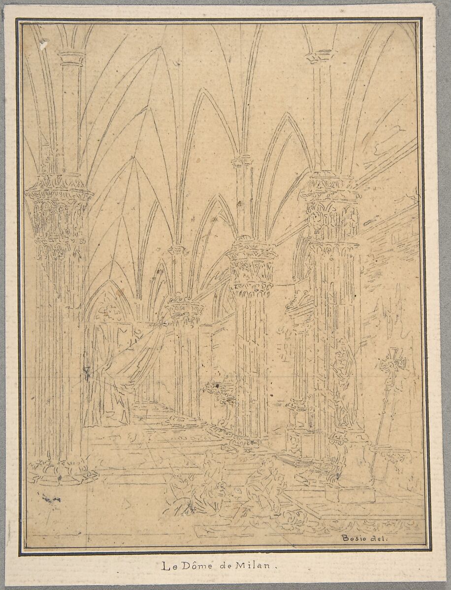 Perspective of a Church's Interior, Pietro Bosio (Italian, Cremona, second half 18th century–1789 Rome), Graphite on yellowish paper 